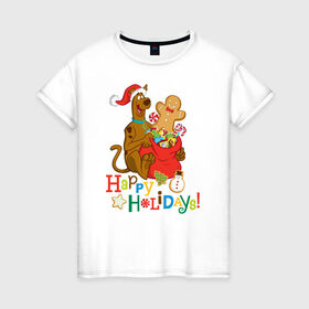 Женская футболка хлопок с принтом Happy holidays в Белгороде, 100% хлопок | прямой крой, круглый вырез горловины, длина до линии бедер, слегка спущенное плечо | 005850 | scooby doo | shaggy | vdkotan | велма | дафна | скуби | скуби ду | шэгги