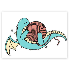 Поздравительная открытка с принтом Маленький дракончик в Белгороде, 100% бумага | плотность бумаги 280 г/м2, матовая, на обратной стороне линовка и место для марки
 | динозавр | дракон | дракончик | клубок | малыш | нитки