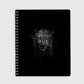 Тетрадь с принтом Ягуар выходит из тени в Белгороде, 100% бумага | 48 листов, плотность листов — 60 г/м2, плотность картонной обложки — 250 г/м2. Листы скреплены сбоку удобной пружинной спиралью. Уголки страниц и обложки скругленные. Цвет линий — светло-серый
 | Тематика изображения на принте: jaguar | барс | животное | зверь | кошка | черный | ягуар