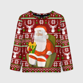 Детский лонгслив 3D с принтом Санта с защитным экраном в Белгороде, 100% полиэстер | длинные рукава, круглый вырез горловины, полуприлегающий силуэт
 | Тематика изображения на принте: deer | happy new year | new year | santa | защитный экран | корона | коронавирус | новогодний свитер | новый год | санта | санта клаус | свитер | свитер с маской | свитер с оленями