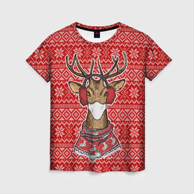 Женская футболка 3D с принтом Deer in a medical mask в Белгороде, 100% полиэфир ( синтетическое хлопкоподобное полотно) | прямой крой, круглый вырез горловины, длина до линии бедер | Тематика изображения на принте: deer | happy new year | new year | santa | защитный экран | корона | коронавирус | новогодний свитер | новый год | свитер | свитер с маской | свитер с оленями