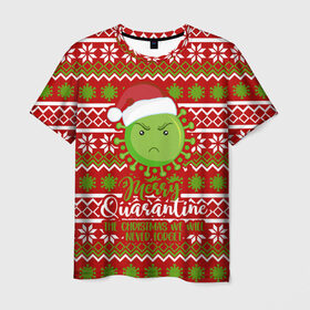 Мужская футболка 3D с принтом Merry Quarantine в Белгороде, 100% полиэфир | прямой крой, круглый вырез горловины, длина до линии бедер | deer | happy new year | new year | quarantine | santa | защитный экран | карантин | корона | коронавирус | новогодний свитер | новый год | свитер | свитер с маской | свитер с оленями