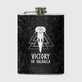 Фляга с принтом Victory or Valhalla в Белгороде, металлический корпус | емкость 0,22 л, размер 125 х 94 мм. Виниловая наклейка запечатывается полностью | вальхалла | викинг | ворон | символ | скандинавия | череп | язычество