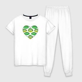 Женская пижама хлопок с принтом Зелёный поцелуй в Белгороде, 100% хлопок | брюки и футболка прямого кроя, без карманов, на брюках мягкая резинка на поясе и по низу штанин | губы | день валентина | зелёный | любовь | отпечатки | сердечко | сердце