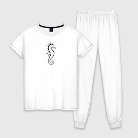 Женская пижама хлопок с принтом Морской конёк в Белгороде, 100% хлопок | брюки и футболка прямого кроя, без карманов, на брюках мягкая резинка на поясе и по низу штанин | значок | линейный | лого | минимализм | морской конёк | морской обитатель | рыба | чёрно  белый