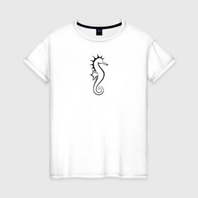 Женская футболка хлопок с принтом Морской конёк в Белгороде, 100% хлопок | прямой крой, круглый вырез горловины, длина до линии бедер, слегка спущенное плечо | значок | линейный | лого | минимализм | морской конёк | морской обитатель | рыба | чёрно  белый