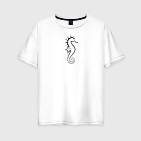 Женская футболка хлопок Oversize с принтом Морской конёк в Белгороде, 100% хлопок | свободный крой, круглый ворот, спущенный рукав, длина до линии бедер
 | значок | линейный | лого | минимализм | морской конёк | морской обитатель | рыба | чёрно  белый