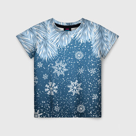 Детская футболка 3D с принтом Снежное Настроенние в Белгороде, 100% гипоаллергенный полиэфир | прямой крой, круглый вырез горловины, длина до линии бедер, чуть спущенное плечо, ткань немного тянется | елочные иголки | новый год | рисунок | снег | снежинки