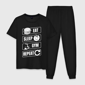 Мужская пижама хлопок с принтом Eat Sleep Gym Repeat в Белгороде, 100% хлопок | брюки и футболка прямого кроя, без карманов, на брюках мягкая резинка на поясе и по низу штанин
 | eat sleep | gym repeat | бодибилдинг | качалка | мотивация | спорт | фитнес
