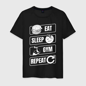 Мужская футболка хлопок с принтом Eat Sleep Gym Repeat в Белгороде, 100% хлопок | прямой крой, круглый вырез горловины, длина до линии бедер, слегка спущенное плечо. | eat sleep | gym repeat | бодибилдинг | качалка | мотивация | спорт | фитнес