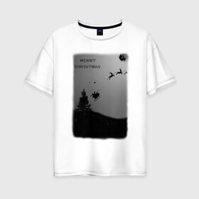 Женская футболка хлопок Oversize с принтом Merry Christmas в Белгороде, 100% хлопок | свободный крой, круглый ворот, спущенный рукав, длина до линии бедер
 | белый | ёлка | луна | новый год | черный