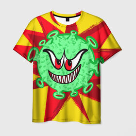 Мужская футболка 3D с принтом Вирус в Белгороде, 100% полиэфир | прямой крой, круглый вырез горловины, длина до линии бедер | covid 19 | валюты | вирус | звезда | зеленый | злой | зубы | корона | коронавирус | монстр