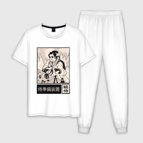 Мужская пижама хлопок с принтом Самурай фотограф в Белгороде, 100% хлопок | брюки и футболка прямого кроя, без карманов, на брюках мягкая резинка на поясе и по низу штанин
 | art | cyberpunk samurai | foto | ninja | oni | ronin | samurai | shogun | арт | киберпанк самурай | мерч | мужик | мужчина | прикол | путь воина | путь война | ронин | сёгун | сепукку | токио | фото | фотоаппарат | харакири