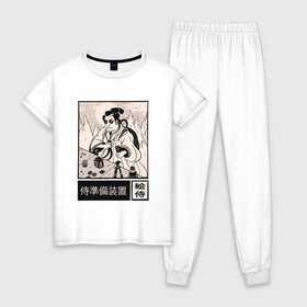 Женская пижама хлопок с принтом Самурай фотограф в Белгороде, 100% хлопок | брюки и футболка прямого кроя, без карманов, на брюках мягкая резинка на поясе и по низу штанин | Тематика изображения на принте: art | cyberpunk samurai | foto | ninja | oni | ronin | samurai | shogun | арт | киберпанк самурай | мерч | мужик | мужчина | прикол | путь воина | путь война | ронин | сёгун | сепукку | токио | фото | фотоаппарат | харакири