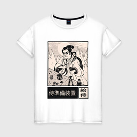 Женская футболка хлопок с принтом Самурай фотограф в Белгороде, 100% хлопок | прямой крой, круглый вырез горловины, длина до линии бедер, слегка спущенное плечо | art | cyberpunk samurai | foto | ninja | oni | ronin | samurai | shogun | арт | киберпанк самурай | мерч | мужик | мужчина | прикол | путь воина | путь война | ронин | сёгун | сепукку | токио | фото | фотоаппарат | харакири