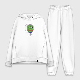 Женский костюм хлопок Oversize с принтом Pepe in the hoodie в Белгороде,  |  | mem | pepe in the hoodie | грустный | животные | капюшон | лягушка | мем | пепе | пепе в худи | прикол | юмор