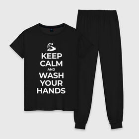 Женская пижама хлопок с принтом Keep Calm and Wash Your Hands в Белгороде, 100% хлопок | брюки и футболка прямого кроя, без карманов, на брюках мягкая резинка на поясе и по низу штанин | keep calm | защита | коронавирус | мойте руки | самоизоляция | стоп ковид