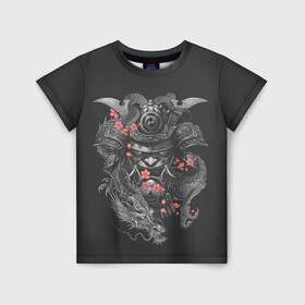 Детская футболка 3D с принтом Самурай и дракон в Белгороде, 100% гипоаллергенный полиэфир | прямой крой, круглый вырез горловины, длина до линии бедер, чуть спущенное плечо, ткань немного тянется | Тематика изображения на принте: cherry | flower petals | helmet | japan | katana | ronin | sakura | samurai | вишня | катана | лепестки цветка | ронин | сакура | самурай | шлем | япония