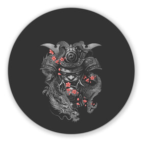 Коврик для мышки круглый с принтом Самурай и дракон в Белгороде, резина и полиэстер | круглая форма, изображение наносится на всю лицевую часть | cherry | flower petals | helmet | japan | katana | ronin | sakura | samurai | вишня | катана | лепестки цветка | ронин | сакура | самурай | шлем | япония