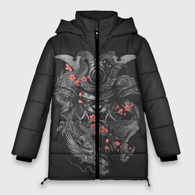 Женская зимняя куртка 3D с принтом Самурай и дракон в Белгороде, верх — 100% полиэстер; подкладка — 100% полиэстер; утеплитель — 100% полиэстер | длина ниже бедра, силуэт Оверсайз. Есть воротник-стойка, отстегивающийся капюшон и ветрозащитная планка. 

Боковые карманы с листочкой на кнопках и внутренний карман на молнии | cherry | flower petals | helmet | japan | katana | ronin | sakura | samurai | вишня | катана | лепестки цветка | ронин | сакура | самурай | шлем | япония