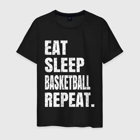 Мужская футболка хлопок с принтом EAT SLEEP BASKETBALL REPEAT в Белгороде, 100% хлопок | прямой крой, круглый вырез горловины, длина до линии бедер, слегка спущенное плечо. | Тематика изображения на принте: basketball | bulls.miami | cavaliers | chicago | cleveland | clippers | eat | lakers | los angeles | nba | repeat | sleep | sport | sports | баскетбол | нба | спорт