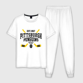 Мужская пижама хлопок с принтом Питтсбург Пингвинз в Белгороде, 100% хлопок | брюки и футболка прямого кроя, без карманов, на брюках мягкая резинка на поясе и по низу штанин
 | Тематика изображения на принте: hockey | nhl | penguins | pittsburg | pittsburgh | pittsburgh penguins | usa | нхл | пингвинз | питтсбург | питтсбург пингвинз | спорт | сша | хоккей | шайба