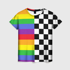 Женская футболка 3D с принтом Rainbow в Белгороде, 100% полиэфир ( синтетическое хлопкоподобное полотно) | прямой крой, круглый вырез горловины, длина до линии бедер | музыкант | паттерн | полосы | радуга | реп | рэп | текаши | шахматы | шашки