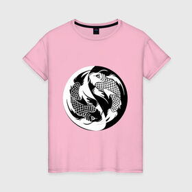 Женская футболка хлопок с принтом рыбы инь и янь в Белгороде, 100% хлопок | прямой крой, круглый вырез горловины, длина до линии бедер, слегка спущенное плечо | 