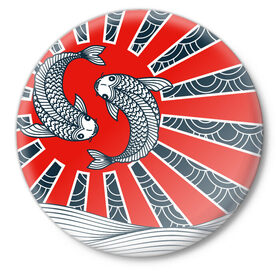 Значок с принтом Карпы Кои в Белгороде,  металл | круглая форма, металлическая застежка в виде булавки | бамбук | инь янь | карп | кои | рыба | узор | япония