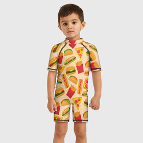 Детский купальный костюм 3D с принтом Фастфуд в Белгороде, Полиэстер 85%, Спандекс 15% | застежка на молнии на спине | бургер | еда | картошка фри | пицца | такос | фастфуд | хот дог