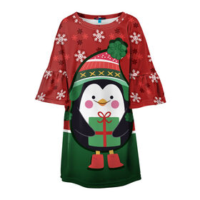 Детское платье 3D с принтом Пингвин. Новый год в Белгороде, 100% полиэстер | прямой силуэт, чуть расширенный к низу. Круглая горловина, на рукавах — воланы | зима | новый год | паттерн | пингвин | подарок | праздник | снежинки