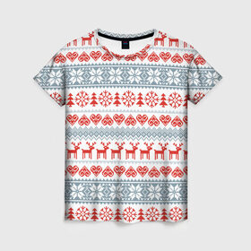 Женская футболка 3D с принтом Новогодний пиксельный узор в Белгороде, 100% полиэфир ( синтетическое хлопкоподобное полотно) | прямой крой, круглый вырез горловины, длина до линии бедер | Тематика изображения на принте: christmas | deer | hearts | new year | pattern | pixels | snowflakes | trees | елки | новый год | олени | пиксели | рождество | сердечки | снежинки | узор