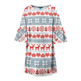 Детское платье 3D с принтом Новогодний пиксельный узор в Белгороде, 100% полиэстер | прямой силуэт, чуть расширенный к низу. Круглая горловина, на рукавах — воланы | christmas | deer | hearts | new year | pattern | pixels | snowflakes | trees | елки | новый год | олени | пиксели | рождество | сердечки | снежинки | узор