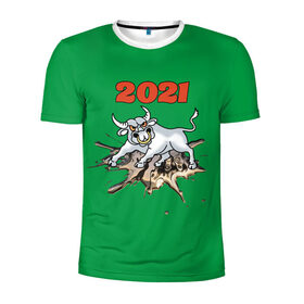 Мужская футболка 3D спортивная с принтом Белый бык - 2021 в Белгороде, 100% полиэстер с улучшенными характеристиками | приталенный силуэт, круглая горловина, широкие плечи, сужается к линии бедра | Тематика изображения на принте: 