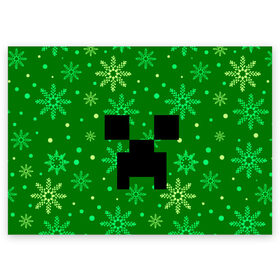 Поздравительная открытка с принтом ЗИМНИЙ MINECRAFT в Белгороде, 100% бумага | плотность бумаги 280 г/м2, матовая, на обратной стороне линовка и место для марки
 | Тематика изображения на принте: christmas | creeper | game | minecraft | new year | snow | winter | зима | крипер | майнкрафт | мороз | новый год | рождество | снег | снежинки