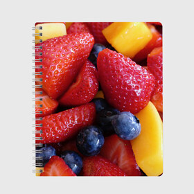 Тетрадь с принтом Фругтово-ягодное изобилие в Белгороде, 100% бумага | 48 листов, плотность листов — 60 г/м2, плотность картонной обложки — 250 г/м2. Листы скреплены сбоку удобной пружинной спиралью. Уголки страниц и обложки скругленные. Цвет линий — светло-серый
 | еда | клубника | манго | фрукт | фрукты | черника | ягода | ягоды