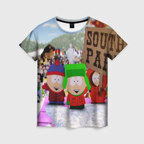Женская футболка 3D с принтом Южный Парк / South Park . в Белгороде, 100% полиэфир ( синтетическое хлопкоподобное полотно) | прямой крой, круглый вырез горловины, длина до линии бедер | south park | ubisoft | woodland critter christmas | кенни | мультсериал | стэн | южный парк