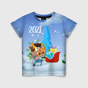 Детская футболка 3D с принтом Новый год 2021 в Белгороде, 100% гипоаллергенный полиэфир | прямой крой, круглый вырез горловины, длина до линии бедер, чуть спущенное плечо, ткань немного тянется | 2021 | 7 января | bull | newyear | santa | бык | быки | бычок | год быка | дед мороз | корова | новогодние каникулы | новогодние праздники | новый 2021 | новый год | новый год 2021 | рождество | сани | санта | санта клаус