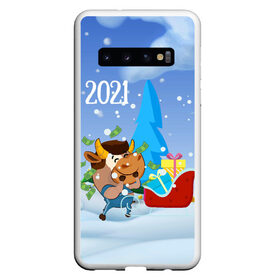 Чехол для Samsung Galaxy S10 с принтом Новый год 2021 в Белгороде, Силикон | Область печати: задняя сторона чехла, без боковых панелей | Тематика изображения на принте: 2021 | 7 января | bull | newyear | santa | бык | быки | бычок | год быка | дед мороз | корова | новогодние каникулы | новогодние праздники | новый 2021 | новый год | новый год 2021 | рождество | сани | санта | санта клаус