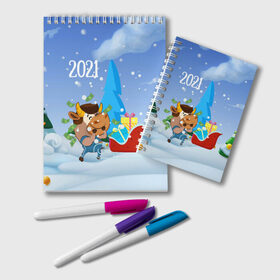 Блокнот с принтом Новый год 2021 в Белгороде, 100% бумага | 48 листов, плотность листов — 60 г/м2, плотность картонной обложки — 250 г/м2. Листы скреплены удобной пружинной спиралью. Цвет линий — светло-серый
 | 2021 | 7 января | bull | newyear | santa | бык | быки | бычок | год быка | дед мороз | корова | новогодние каникулы | новогодние праздники | новый 2021 | новый год | новый год 2021 | рождество | сани | санта | санта клаус