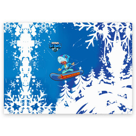 Поздравительная открытка с принтом Brawl Stars (Snowboarding) в Белгороде, 100% бумага | плотность бумаги 280 г/м2, матовая, на обратной стороне линовка и место для марки
 | brawl | break dance | leon | moba | skateboard | stars | supercell | surfing | игра | коллаборация | коллаж | колоборация | паттерн
