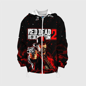 Детская куртка 3D с принтом RED DEAD REDEMPTION 2 в Белгороде, 100% полиэстер | застежка — молния, подол и капюшон оформлены резинкой с фиксаторами, по бокам — два кармана без застежек, один потайной карман на груди, плотность верхнего слоя — 90 г/м2; плотность флисового подклада — 260 г/м2 | rdr2 | red dead redemption | red dead redemption 2 | rockstar. | дикий запад | игра dead | ковбой | ред дед редемпшн 2 | стрельюа | стрелялка