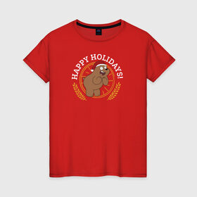 Женская футболка хлопок с принтом Happy holidays! в Белгороде, 100% хлопок | прямой крой, круглый вырез горловины, длина до линии бедер, слегка спущенное плечо | cartoon network | grizz | vdkimel | we bare bears | вся правда о медведях | гризли