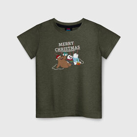 Детская футболка хлопок с принтом Merry christmas в Белгороде, 100% хлопок | круглый вырез горловины, полуприлегающий силуэт, длина до линии бедер | cartoon network | grizz | icebear | panda | vdkimel | we bare bears | белый | вся правда о медведях | гризли | панда