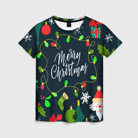 Женская футболка 3D с принтом Merry Christmas в Белгороде, 100% полиэфир ( синтетическое хлопкоподобное полотно) | прямой крой, круглый вырез горловины, длина до линии бедер | 2020 | 2021 | new year | гирлянда | дед мороз | елка | зеленый | игрушка | клаус | конфеты | нг | новый год | носок | перчатка | подарок | рождество | с | санта | сладости | снег | снеговик | снежинка | шапка | шары