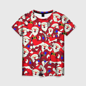 Женская футболка 3D с принтом Дед Санта в Белгороде, 100% полиэфир ( синтетическое хлопкоподобное полотно) | прямой крой, круглый вырез горловины, длина до линии бедер | 2021 | 2022 | new year | tiger | гирлянда | год тигра | дед мороз | елка | клаус | конфеты | нг | новый год | носок | подарок | рождество | с | санта | снег | снеговик | снежинка | шары