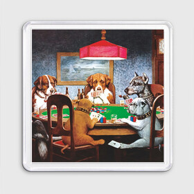 Магнит 55*55 с принтом Собаки играют в покер в Белгороде, Пластик | Размер: 65*65 мм; Размер печати: 55*55 мм | Тематика изображения на принте: a friend in need | art | artist | bets | buldog | cards | chips | dogs | gambling | games | memes | picture | poker | азартные игры | бульдог | друг познается в беде | искусство | картина | карты | мемы | покер | сенбернар | собаки | собачки | ставки