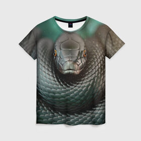 Женская футболка 3D с принтом Чёрная мамба в Белгороде, 100% полиэфир ( синтетическое хлопкоподобное полотно) | прямой крой, круглый вырез горловины, длина до линии бедер | блеск | гад | змея | мамба | хладнокровный | чёрная | чешуя