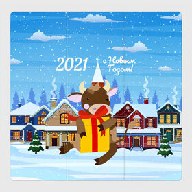 Магнитный плакат 3Х3 с принтом с Новым 2021 Годом! в Белгороде, Полимерный материал с магнитным слоем | 9 деталей размером 9*9 см | 2021 | 7 января | bull | newyear | santa | бык | быки | бычок | год быка | дед мороз | корова | новогодние каникулы | новогодние праздники | новый 2021 | новый год | новый год 2021 | рождество | сани | санта | санта клаус