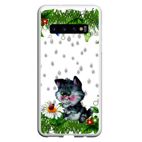 Чехол для Samsung Galaxy S10 с принтом котёнок в Белгороде, Силикон | Область печати: задняя сторона чехла, без боковых панелей | божья коровка | дождик | котёнок | цветы